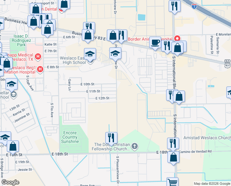 map of restaurants, bars, coffee shops, grocery stores, and more near 2430 East 12th Street in Weslaco