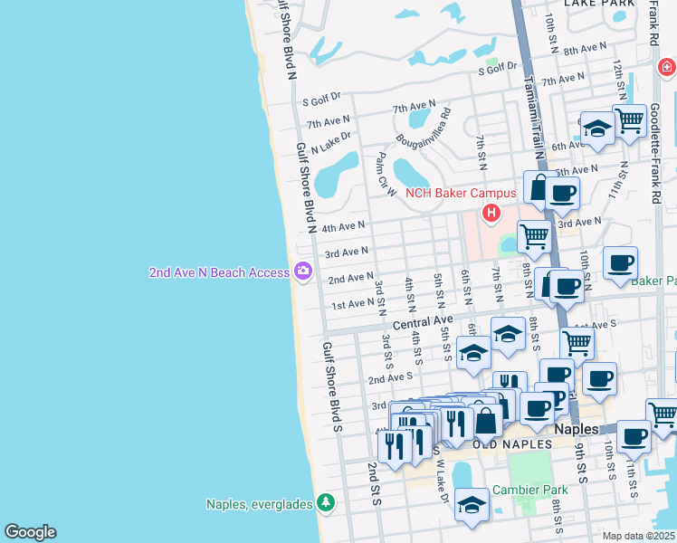 map of restaurants, bars, coffee shops, grocery stores, and more near 165 2nd Avenue North in Naples