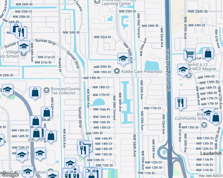 map of restaurants, bars, coffee shops, grocery stores, and more near 5840 Northwest 18th Court in Sunrise