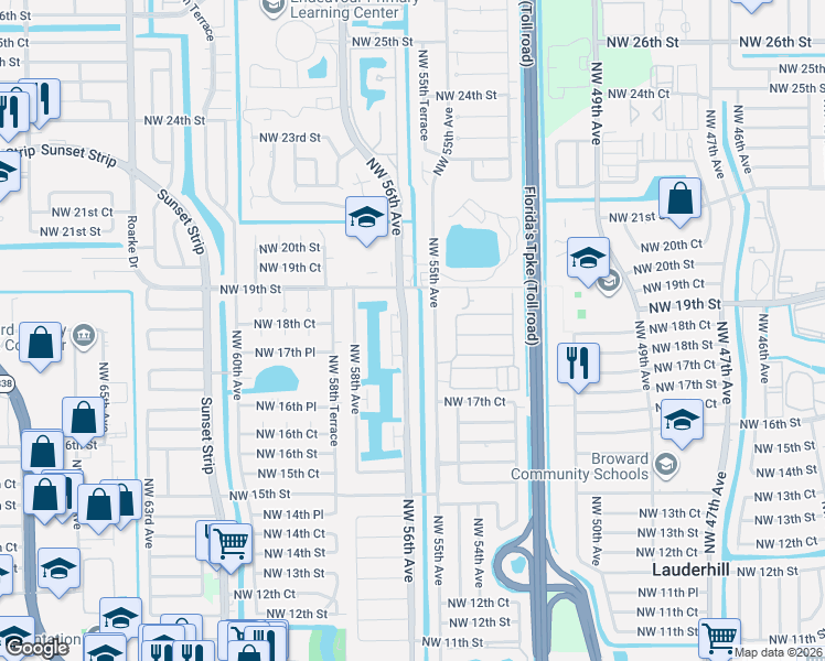 map of restaurants, bars, coffee shops, grocery stores, and more near 1814 Northwest 56th Avenue in Lauderhill