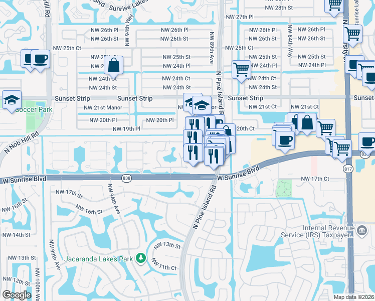 map of restaurants, bars, coffee shops, grocery stores, and more near 9011 West Sunrise Boulevard in Plantation