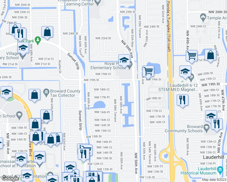 map of restaurants, bars, coffee shops, grocery stores, and more near 5820 Northwest 18th Court in Sunrise
