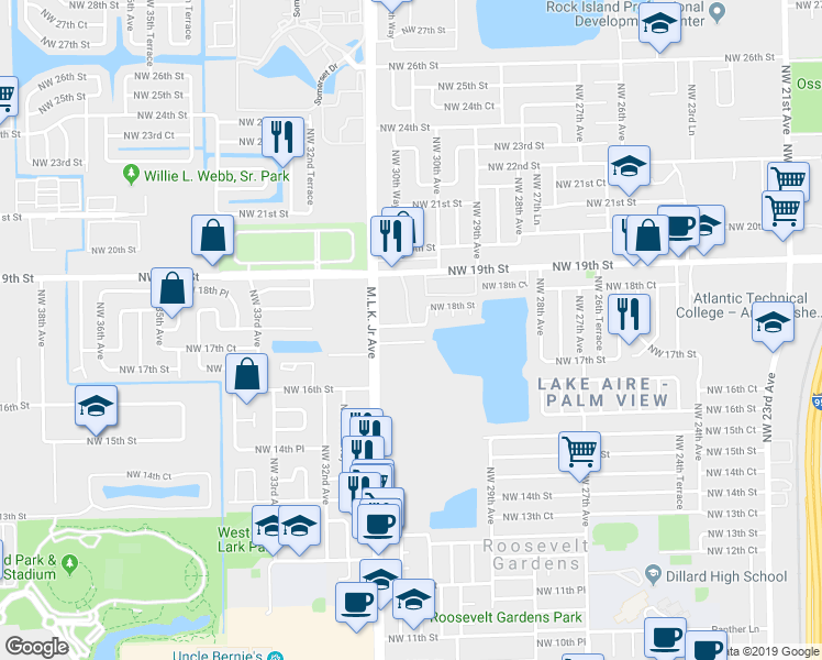 map of restaurants, bars, coffee shops, grocery stores, and more near 3000 Northwest 19th Street in Fort Lauderdale