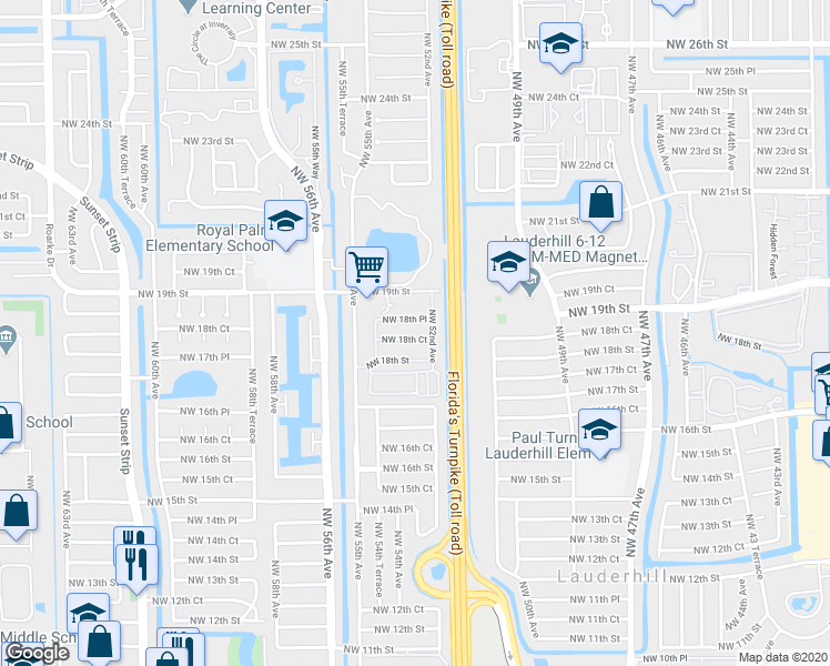 map of restaurants, bars, coffee shops, grocery stores, and more near 5227 Northwest 18th Place in Lauderhill