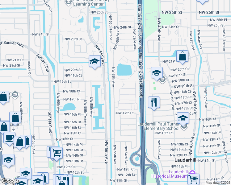 map of restaurants, bars, coffee shops, grocery stores, and more near 5440-5456 Northwest 19th Street in Lauderhill