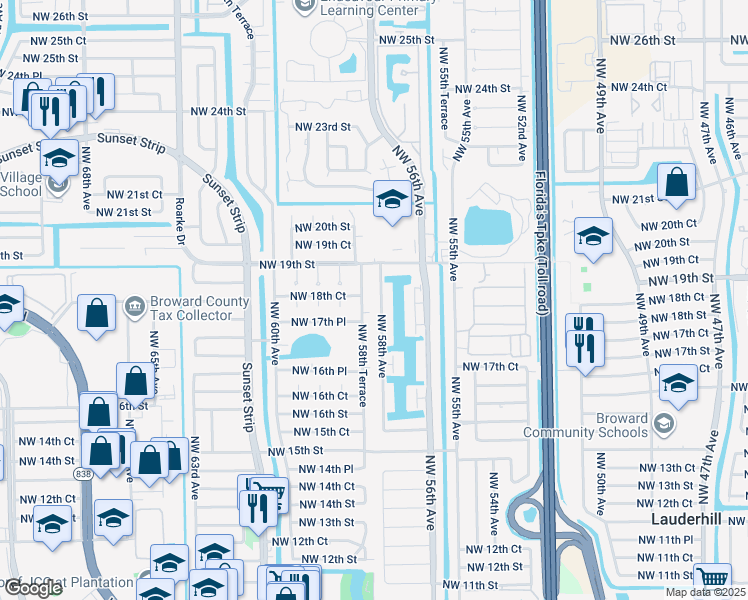 map of restaurants, bars, coffee shops, grocery stores, and more near 1871 Northwest 58th Terrace in Sunrise