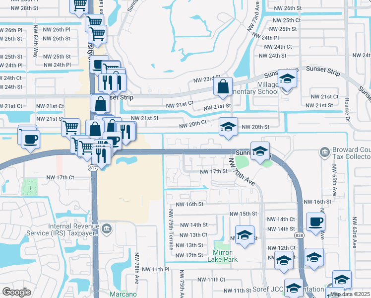 map of restaurants, bars, coffee shops, grocery stores, and more near 7301 West Sunrise Boulevard in Plantation