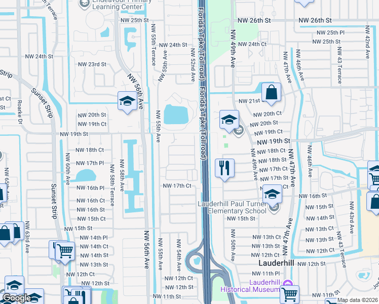 map of restaurants, bars, coffee shops, grocery stores, and more near 5227 Northwest 18th Place in Lauderhill