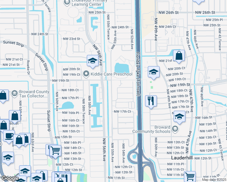 map of restaurants, bars, coffee shops, grocery stores, and more near 5440-5456 Northwest 19th Street in Lauderhill