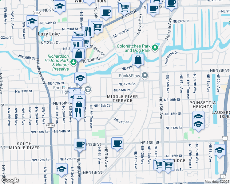 map of restaurants, bars, coffee shops, grocery stores, and more near 806 Northeast 16th Place in Fort Lauderdale