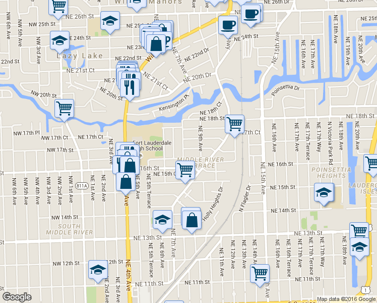 map of restaurants, bars, coffee shops, grocery stores, and more near 1701 Northeast 8th Avenue in Fort Lauderdale