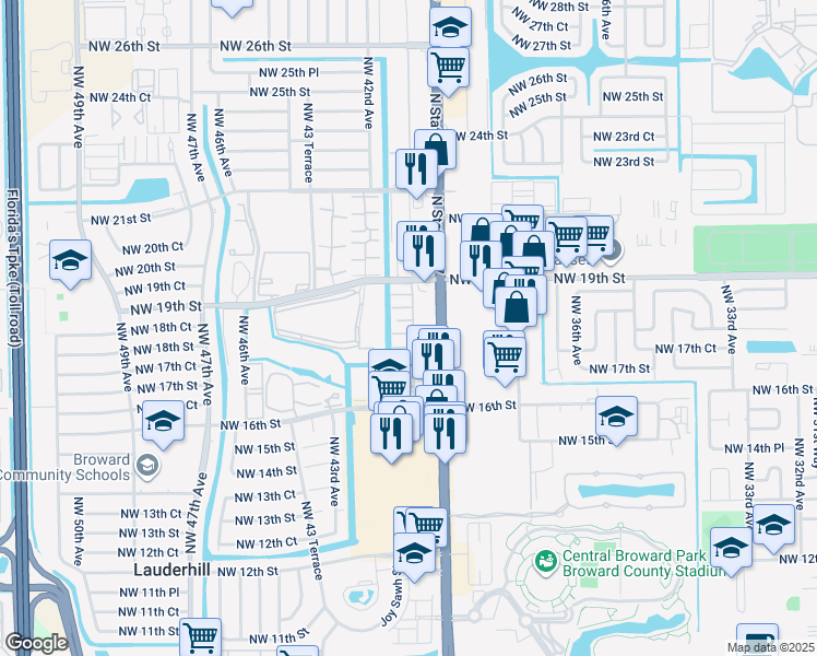 map of restaurants, bars, coffee shops, grocery stores, and more near 1879 Florida 7 in Lauderhill
