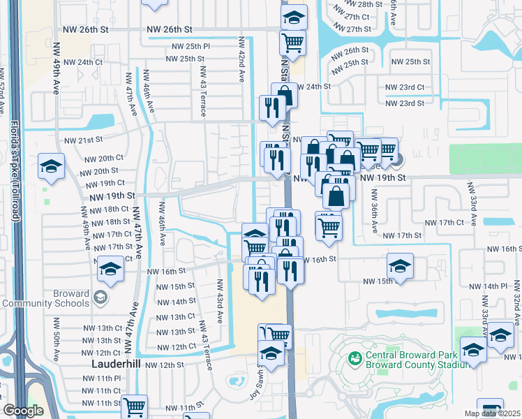 map of restaurants, bars, coffee shops, grocery stores, and more near 4042 Northwest 19th Street in Lauderhill