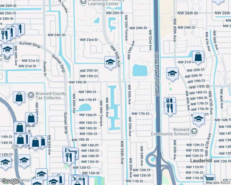 map of restaurants, bars, coffee shops, grocery stores, and more near 1842 Northwest 58th Avenue in Lauderhill