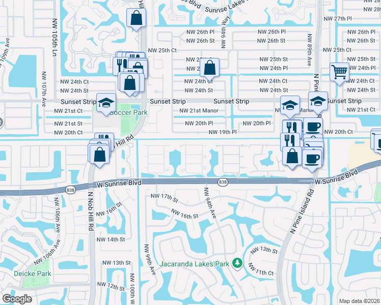 map of restaurants, bars, coffee shops, grocery stores, and more near 9481 Northwest 18th Drive in Plantation