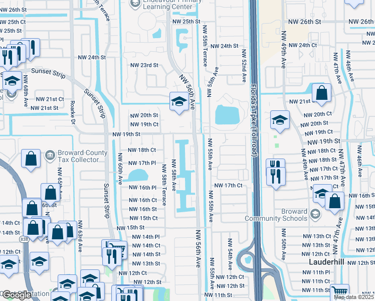 map of restaurants, bars, coffee shops, grocery stores, and more near 1842 Northwest 58th Avenue in Lauderhill