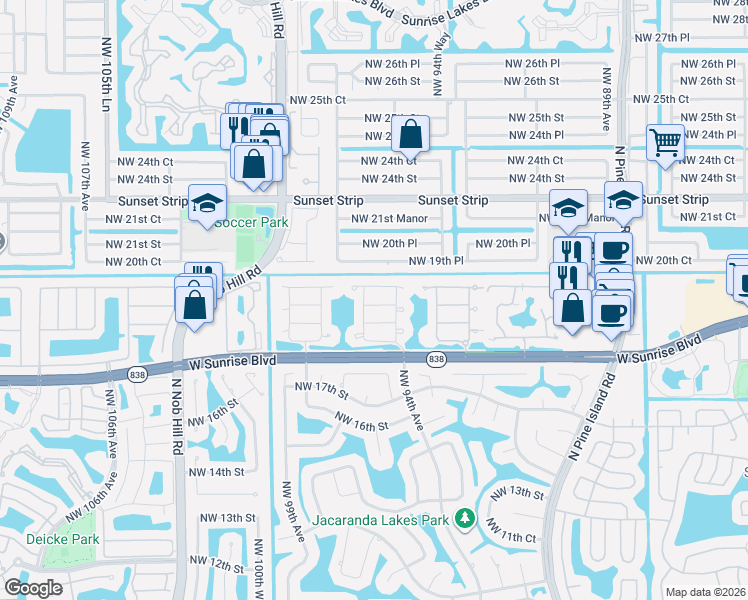 map of restaurants, bars, coffee shops, grocery stores, and more near 9521 Northwest 18th Manor in Plantation