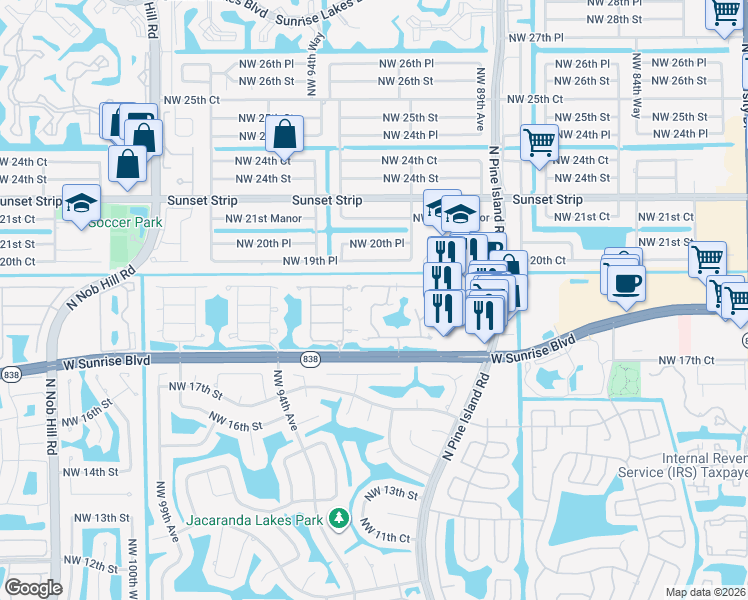 map of restaurants, bars, coffee shops, grocery stores, and more near 9215 West Sunrise Boulevard in Plantation