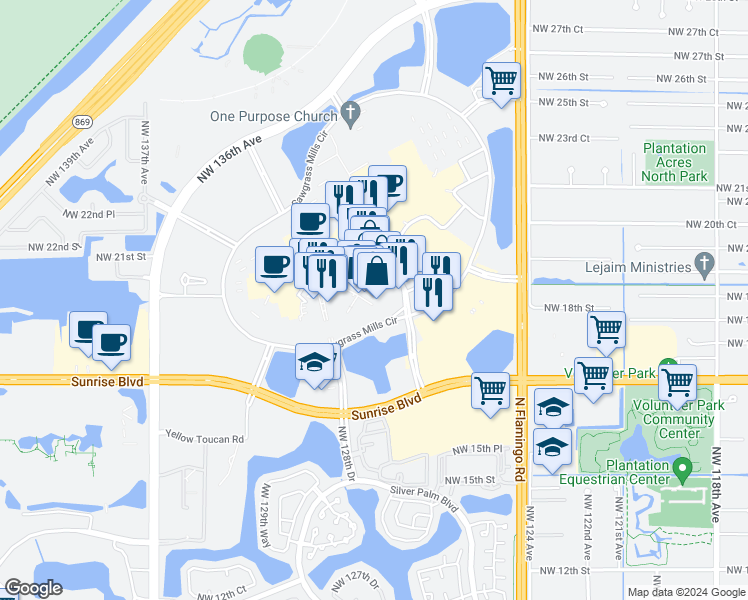 map of restaurants, bars, coffee shops, grocery stores, and more near 1800 Sawgrass Mills Circle in Sunrise