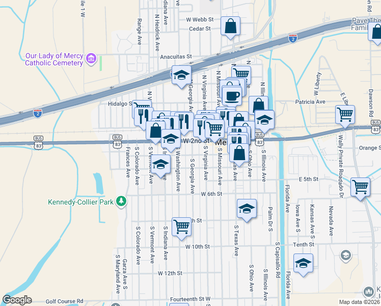 map of restaurants, bars, coffee shops, grocery stores, and more near 220 South Georgia Avenue in Mercedes