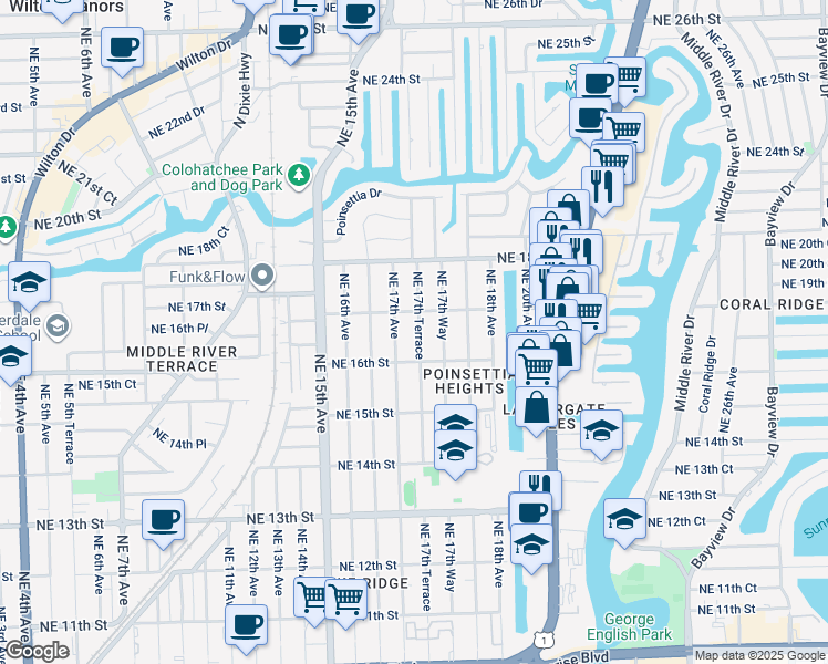 map of restaurants, bars, coffee shops, grocery stores, and more near 1645 Northeast 17th Terrace in Fort Lauderdale