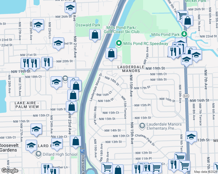 map of restaurants, bars, coffee shops, grocery stores, and more near 1643 Northwest 15th Terrace in Fort Lauderdale