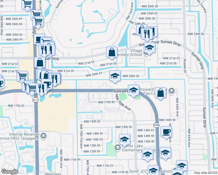 map of restaurants, bars, coffee shops, grocery stores, and more near 7205 West Sunrise Boulevard in Plantation