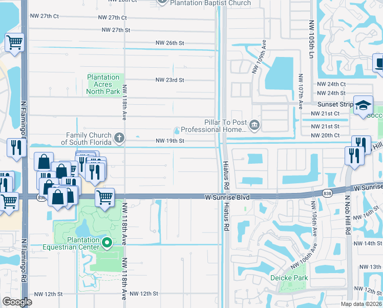 map of restaurants, bars, coffee shops, grocery stores, and more near 11450 Northwest 19th Street in Plantation
