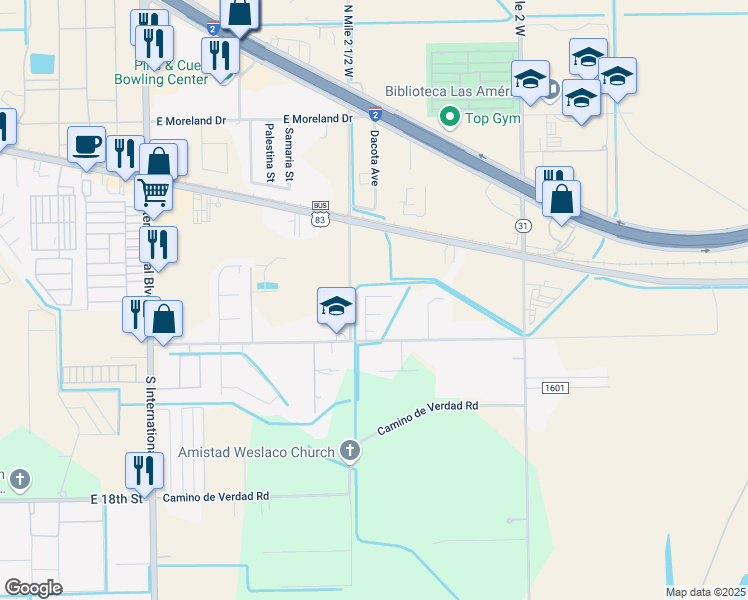 map of restaurants, bars, coffee shops, grocery stores, and more near 17 Mesquite Lane in Mercedes