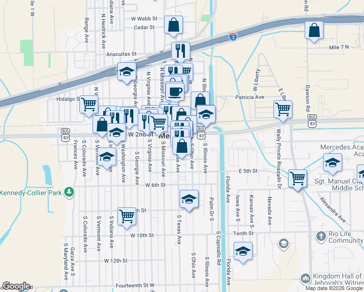 map of restaurants, bars, coffee shops, grocery stores, and more near West 6th Street in Mercedes