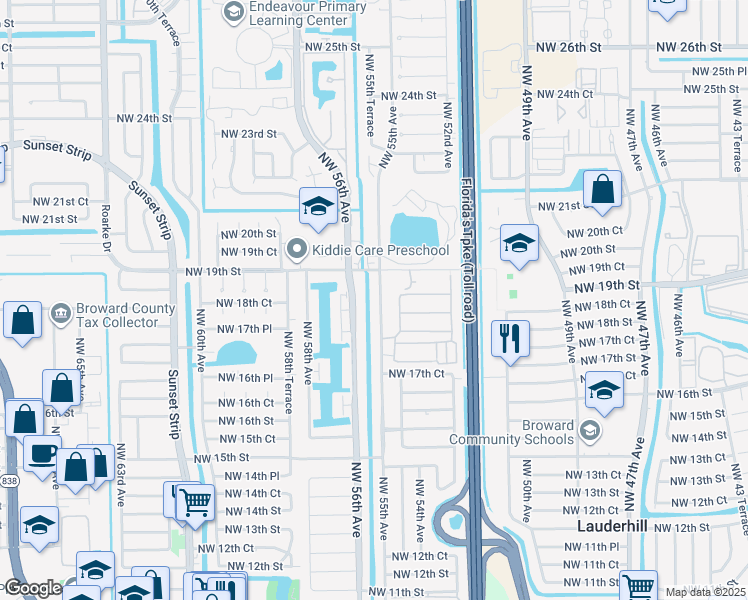 map of restaurants, bars, coffee shops, grocery stores, and more near 5440-5456 Northwest 19th Street in Lauderhill