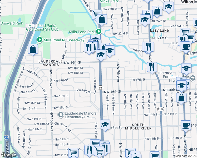 map of restaurants, bars, coffee shops, grocery stores, and more near 1643 Northwest 9th Avenue in Fort Lauderdale