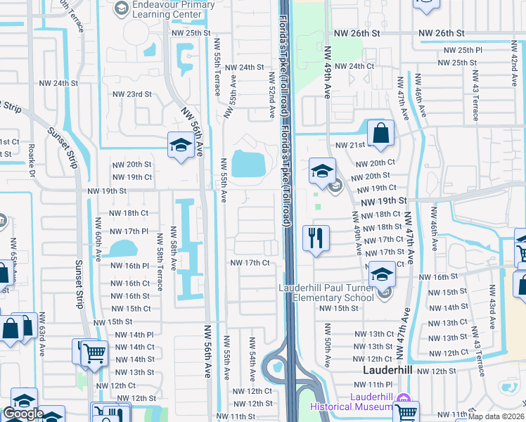 map of restaurants, bars, coffee shops, grocery stores, and more near 5227 Northwest 18th Place in Lauderhill