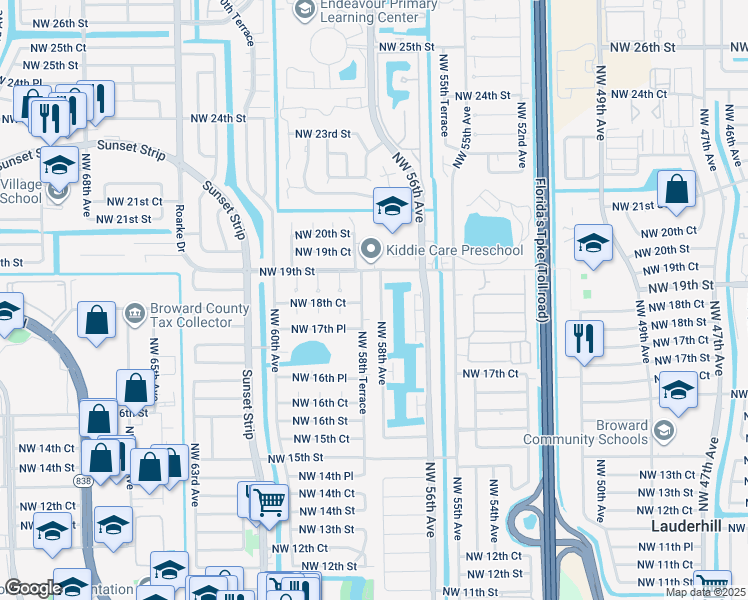 map of restaurants, bars, coffee shops, grocery stores, and more near 5820 Northwest 18th Court in Sunrise