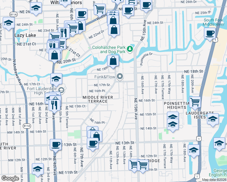 map of restaurants, bars, coffee shops, grocery stores, and more near 1125 Northeast 16th Place in Fort Lauderdale