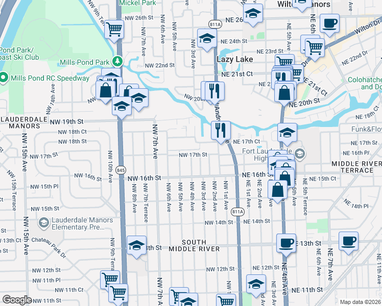 map of restaurants, bars, coffee shops, grocery stores, and more near 405 Northwest 17th Street in Fort Lauderdale