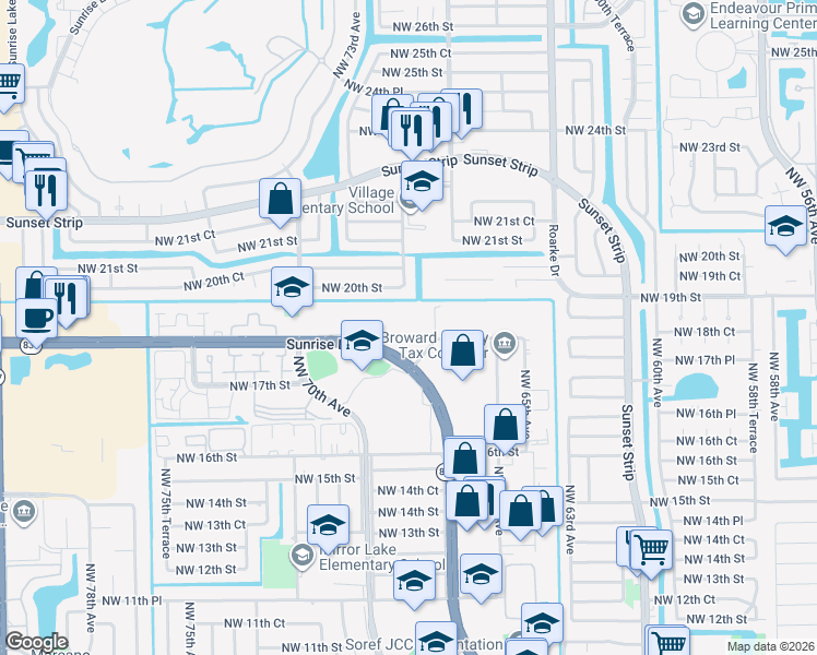 map of restaurants, bars, coffee shops, grocery stores, and more near 6901 West Sunrise Boulevard in Plantation