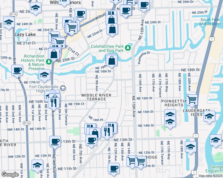 map of restaurants, bars, coffee shops, grocery stores, and more near 1125 Northeast 16th Place in Fort Lauderdale