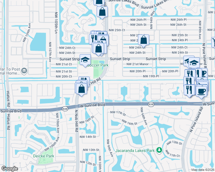 map of restaurants, bars, coffee shops, grocery stores, and more near 1867 Northwest 99th Avenue in Plantation