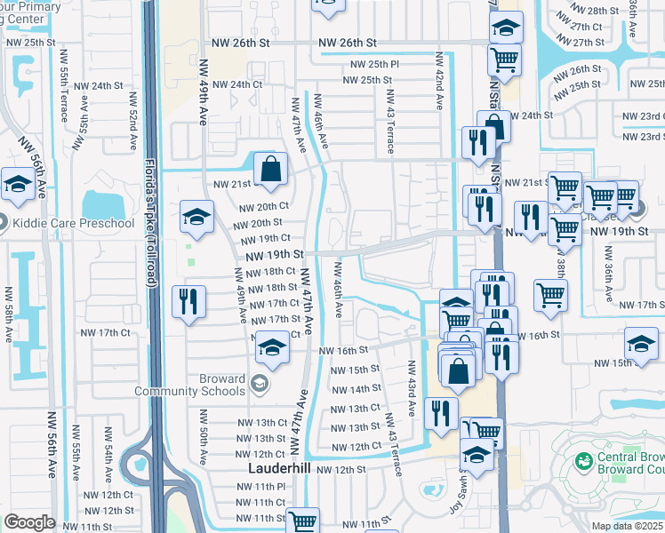 map of restaurants, bars, coffee shops, grocery stores, and more near 314 Northwest 19th Street in Lauderhill