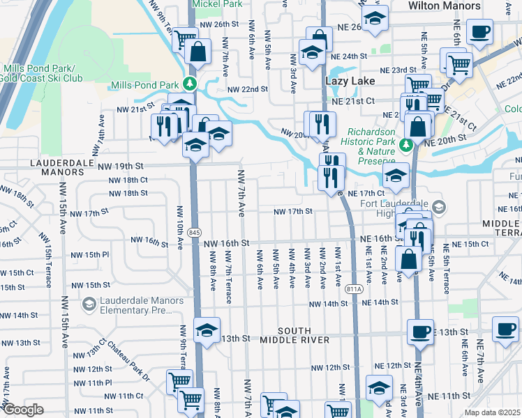 map of restaurants, bars, coffee shops, grocery stores, and more near 501 Northwest 17th Street in Fort Lauderdale