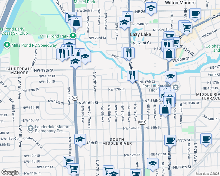 map of restaurants, bars, coffee shops, grocery stores, and more near 503 Northwest 17th Street in Fort Lauderdale