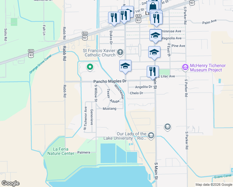 map of restaurants, bars, coffee shops, grocery stores, and more near 125-153 Winchester in La Feria
