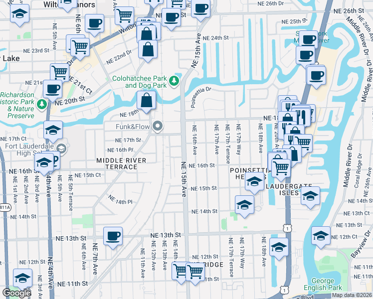 map of restaurants, bars, coffee shops, grocery stores, and more near 1512 Northeast 17th Street in Fort Lauderdale