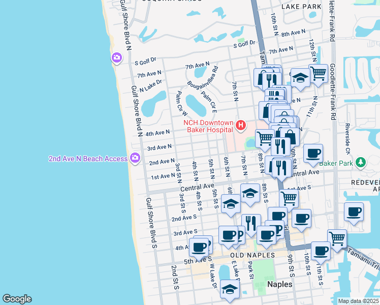 map of restaurants, bars, coffee shops, grocery stores, and more near 434 3rd Avenue North in Naples