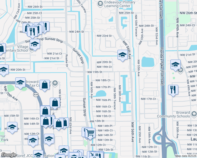 map of restaurants, bars, coffee shops, grocery stores, and more near 5971 Northwest 18th Court in Sunrise