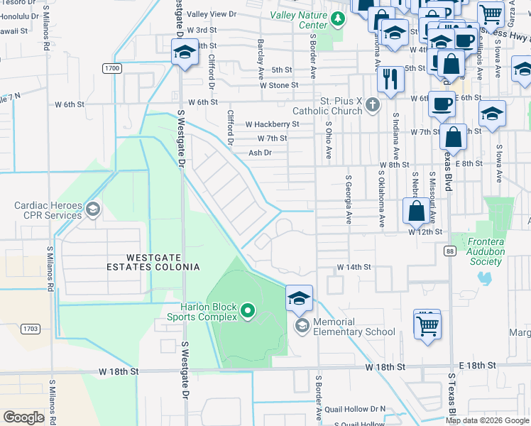 map of restaurants, bars, coffee shops, grocery stores, and more near 1009 Chrysolite Drive South in Weslaco