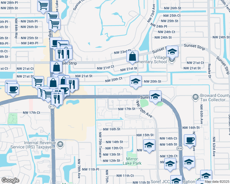 map of restaurants, bars, coffee shops, grocery stores, and more near 7301 West Sunrise Boulevard in Plantation