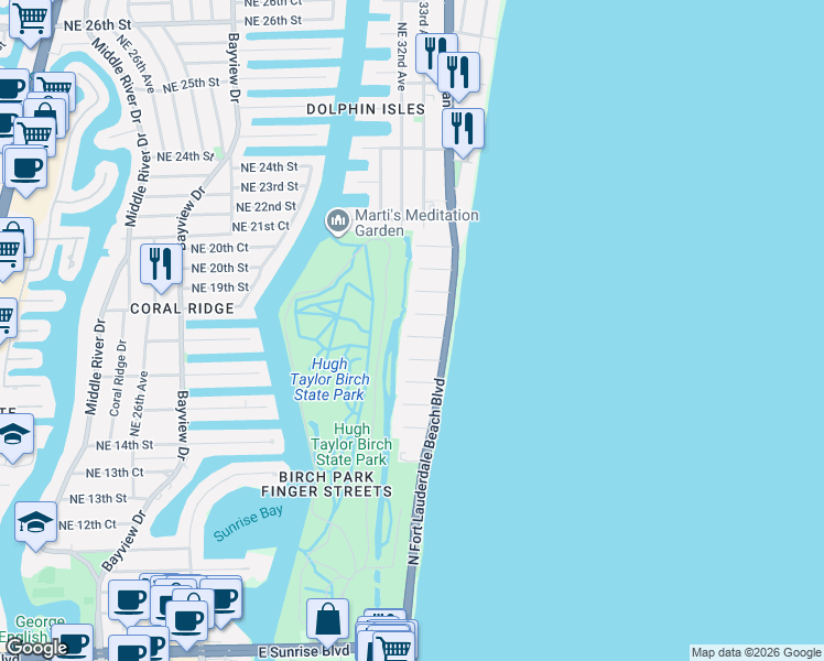 map of restaurants, bars, coffee shops, grocery stores, and more near 3300 Northeast 16th Place in Fort Lauderdale