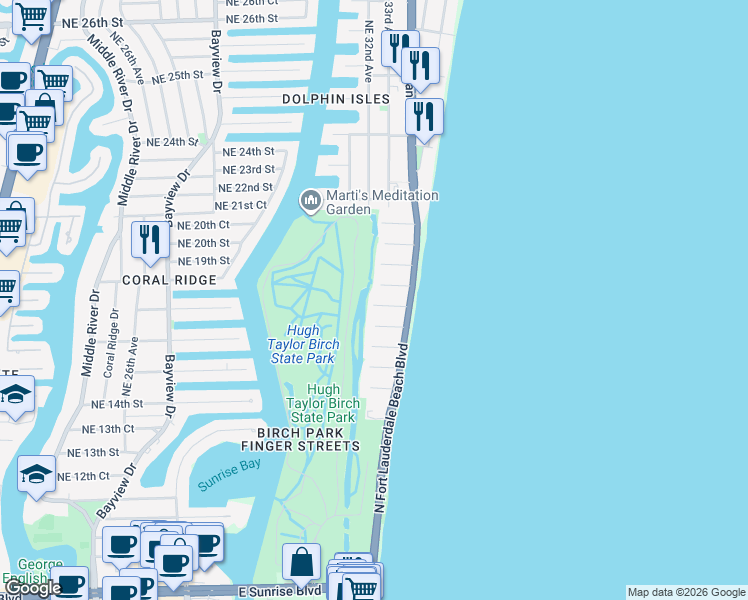 map of restaurants, bars, coffee shops, grocery stores, and more near 3300 Northeast 16th Place in Fort Lauderdale